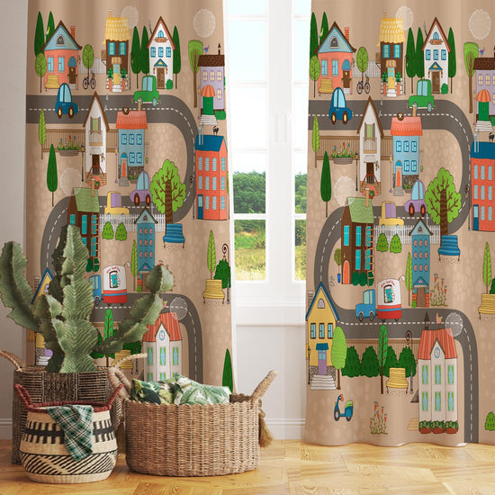 Cute Town Road Maps Houses Kids Nursery Curtains, Custom Size Drapes for Boys Room Decor, Gift Pillow Covers