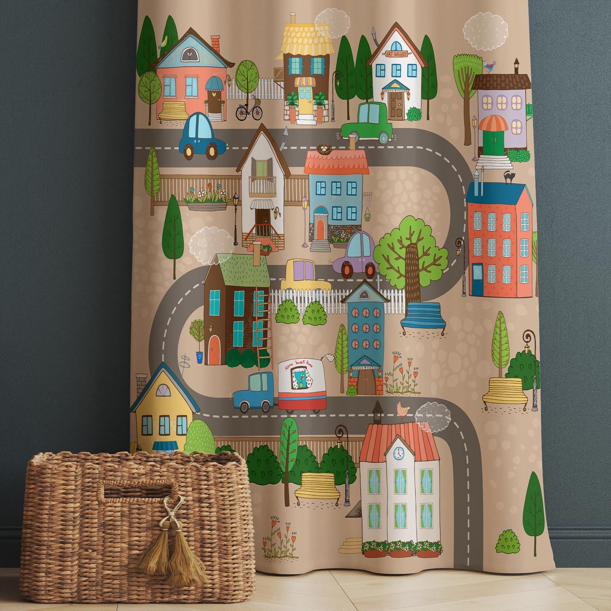 Cute Town Road Maps Houses Kids Nursery Curtains, Custom Size Drapes for Boys Room Decor, Gift Pillow Covers