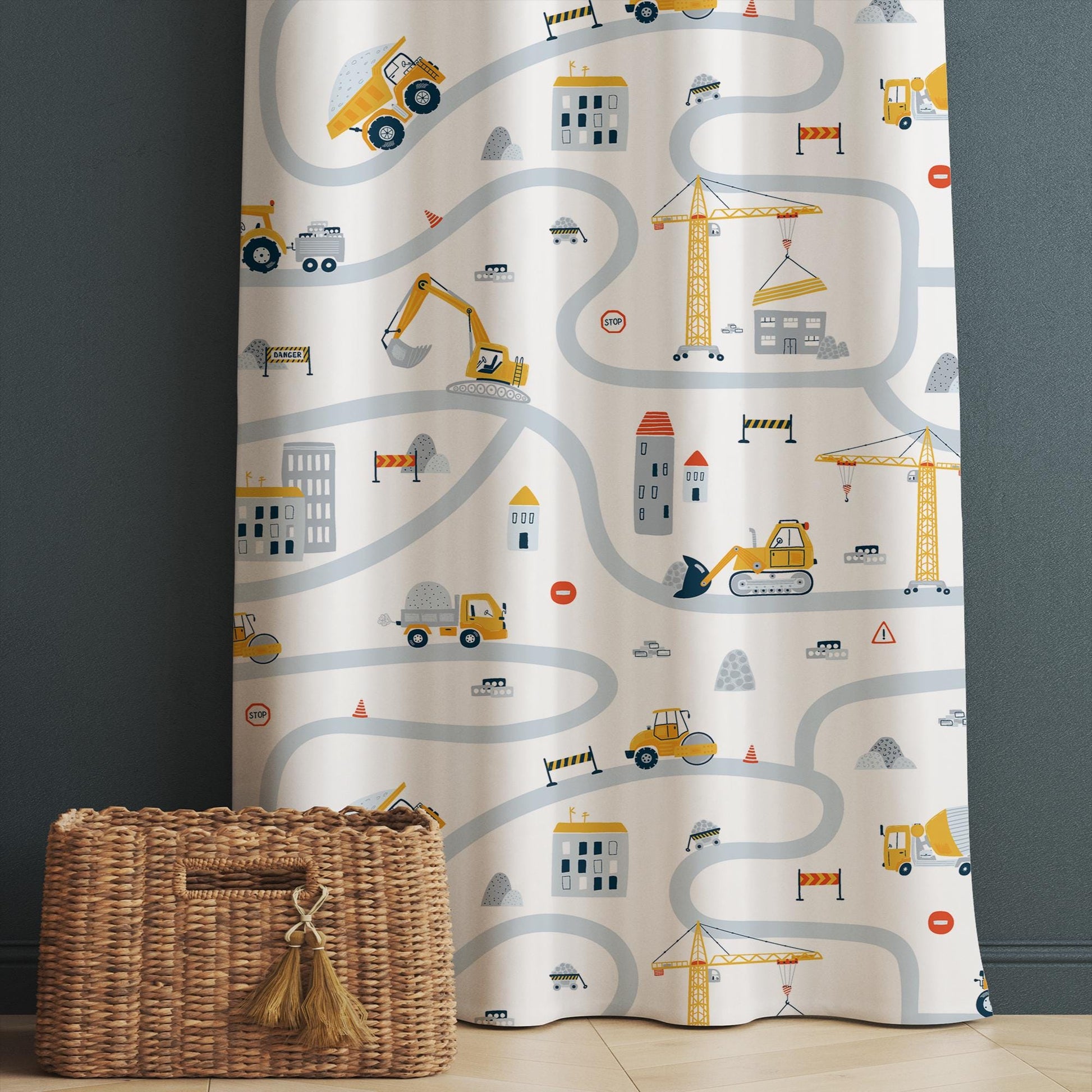 Kids Nursery Curtains Construction Vehicles, Custom Size Boys Room Drapes & Gift Pillow Covers, Yellow Road Equipment Decor