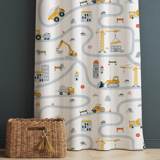 Kids Nursery Curtains Construction Vehicles, Custom Size Boys Room Drapes & Gift Pillow Covers, Yellow Road Equipment Decor