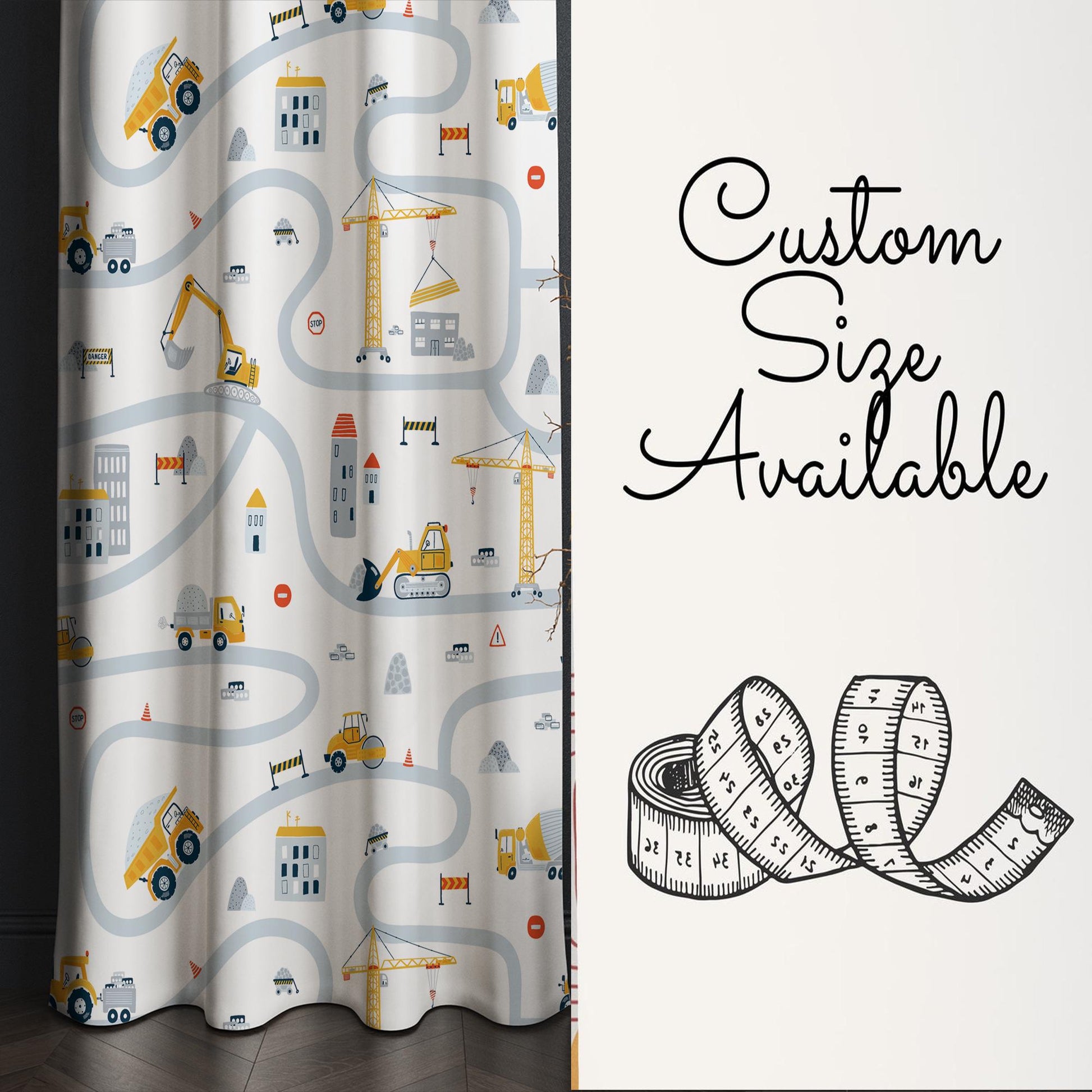 Kids Nursery Curtains Construction Vehicles, Custom Size Boys Room Drapes & Gift Pillow Covers, Yellow Road Equipment Decor