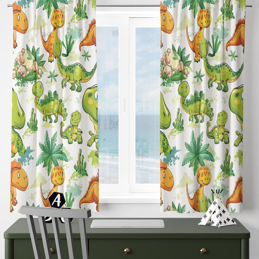 Kids Room Curtains Green Orange Dinosaur Drapes, Custom Size Window Panels & Gift Pillow Covers for Boys&#39; Nursery Decor
