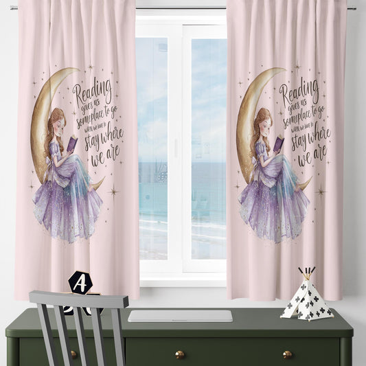 Girls Room Curtains Little Cute Princess on Yellow Moons Reading Books Kids Window Drapes Custom Size & Gift Pillow Covers