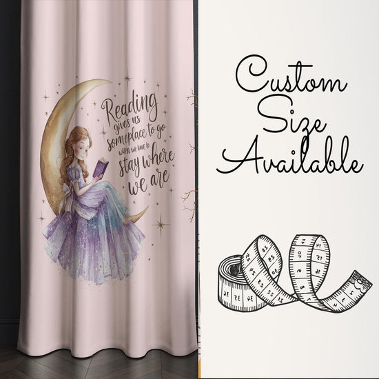 Girls Room Curtains Little Cute Princess on Yellow Moons Reading Books Kids Window Drapes Custom Size & Gift Pillow Covers