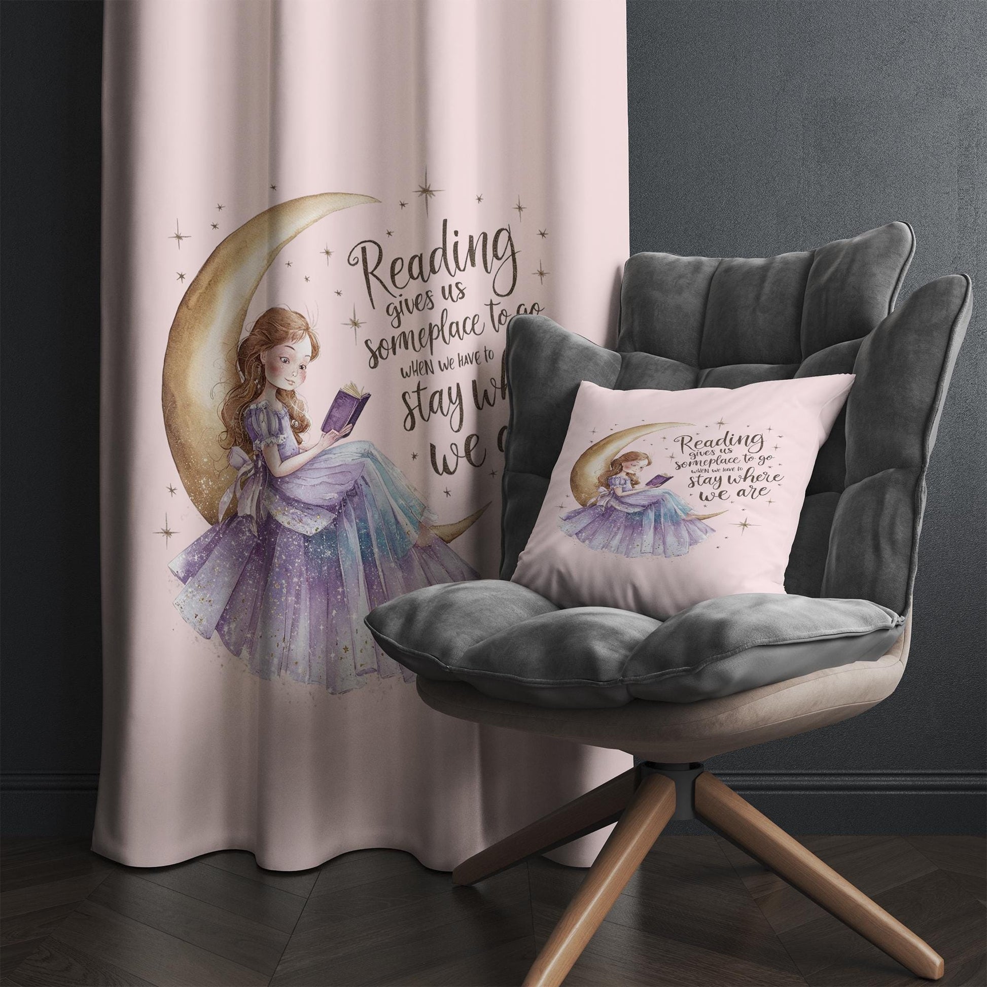 Girls Room Curtains Little Cute Princess on Yellow Moons Reading Books Kids Window Drapes Custom Size & Gift Pillow Covers