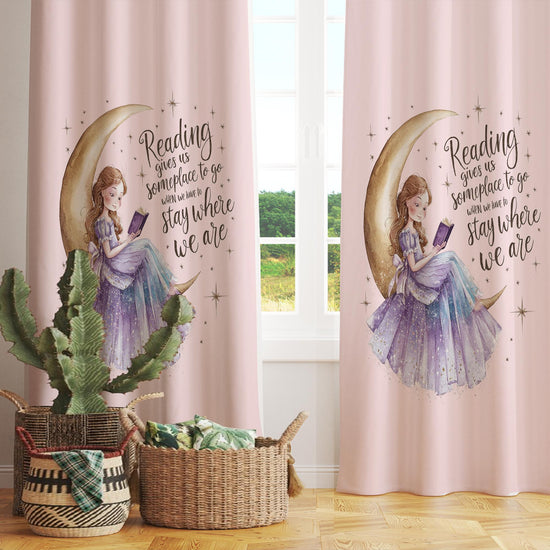 Girls Room Curtains Little Cute Princess on Yellow Moons Reading Books Kids Window Drapes Custom Size & Gift Pillow Covers