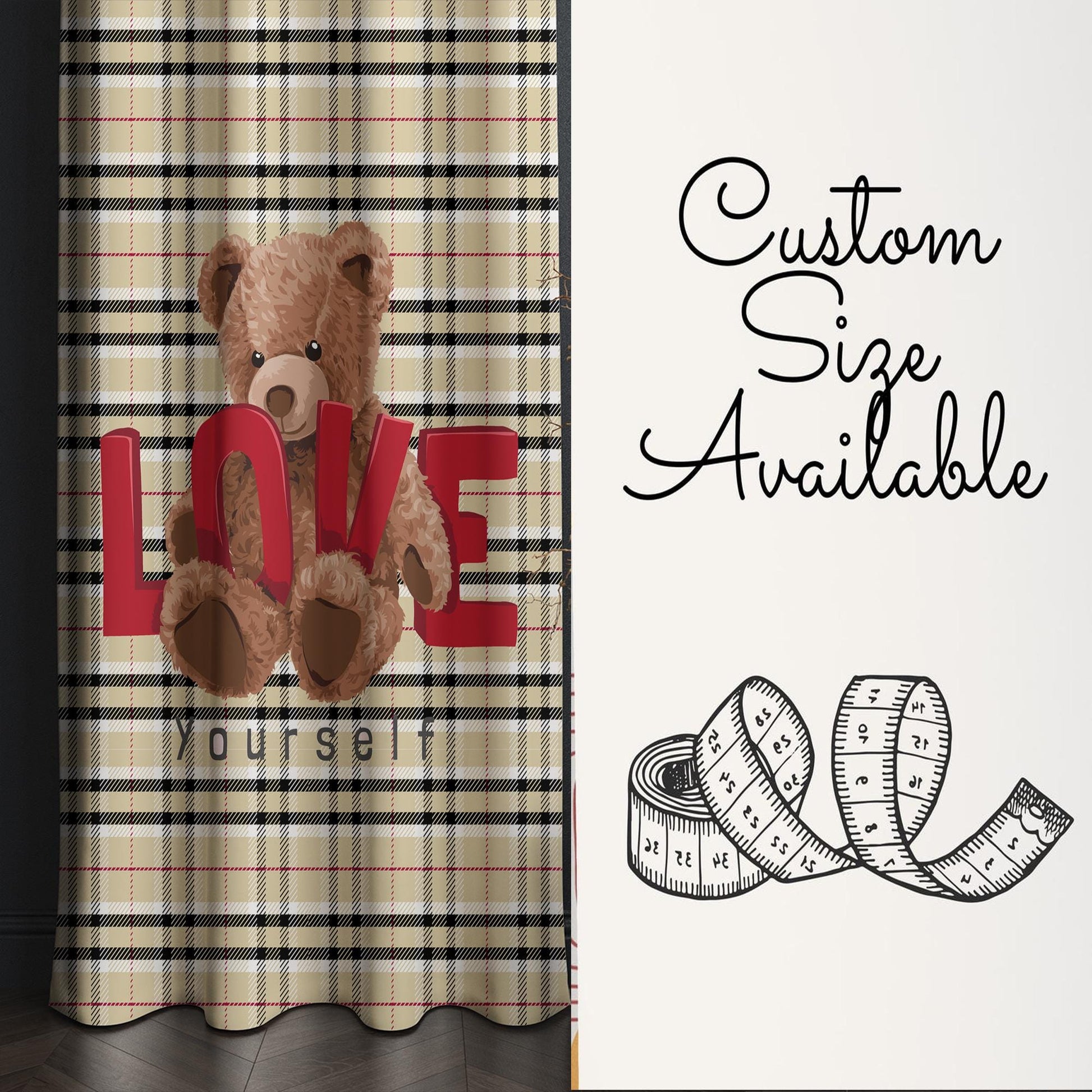 Bear Love Girls Room Curtains - Custom Size Window Drapes & Cute Gift Pillow Covers for Kids Bedroom Decor