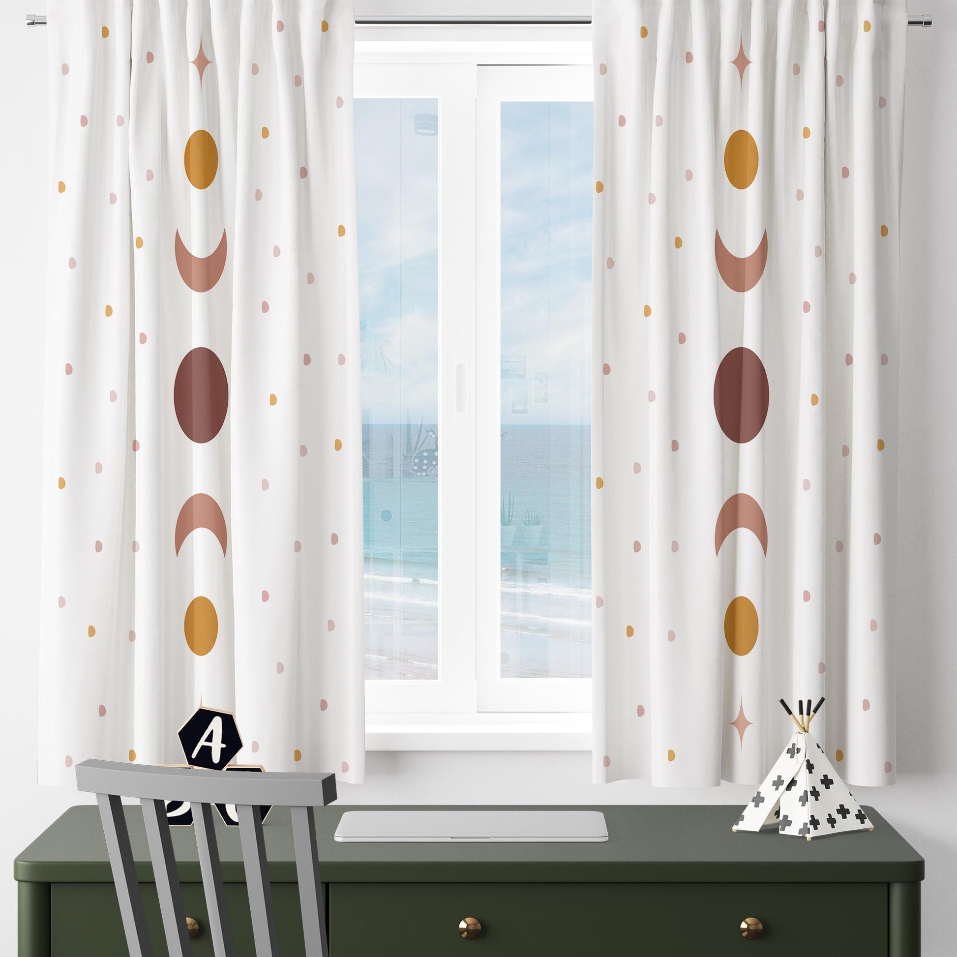 Girls Room Curtains Boho Moon Polka Dots Window Drapes Custom Size with Gift Pillow Covers - Nursery Decor, Kids Bedroom Curtains