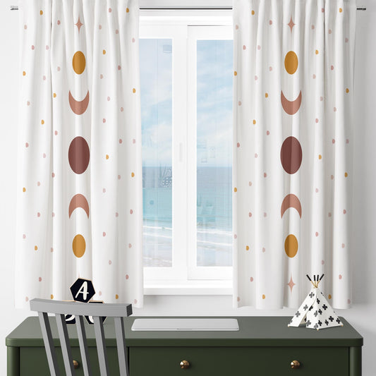 Girls Room Curtains Boho Moon Polka Dots Window Drapes Custom Size with Gift Pillow Covers - Nursery Decor, Kids Bedroom Curtains