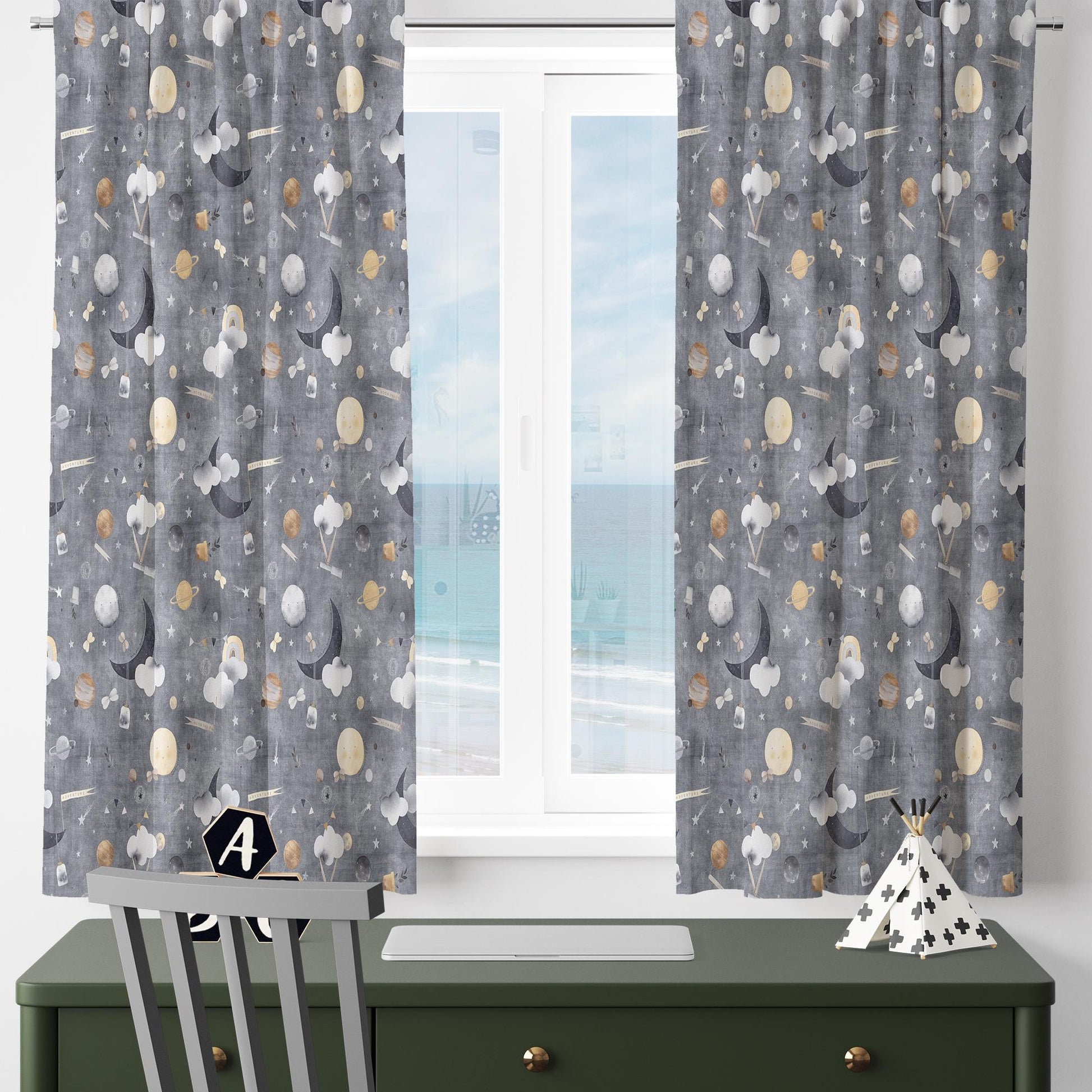 Gray Nordic Moon Clouds Kids Nursery Curtains, Custom Size Window Drapes & Gify Pillow Covers for Baby Room Decor