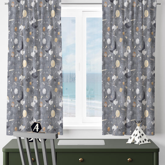 Gray Nordic Moon Clouds Kids Nursery Curtains, Custom Size Window Drapes & Gify Pillow Covers for Baby Room Decor