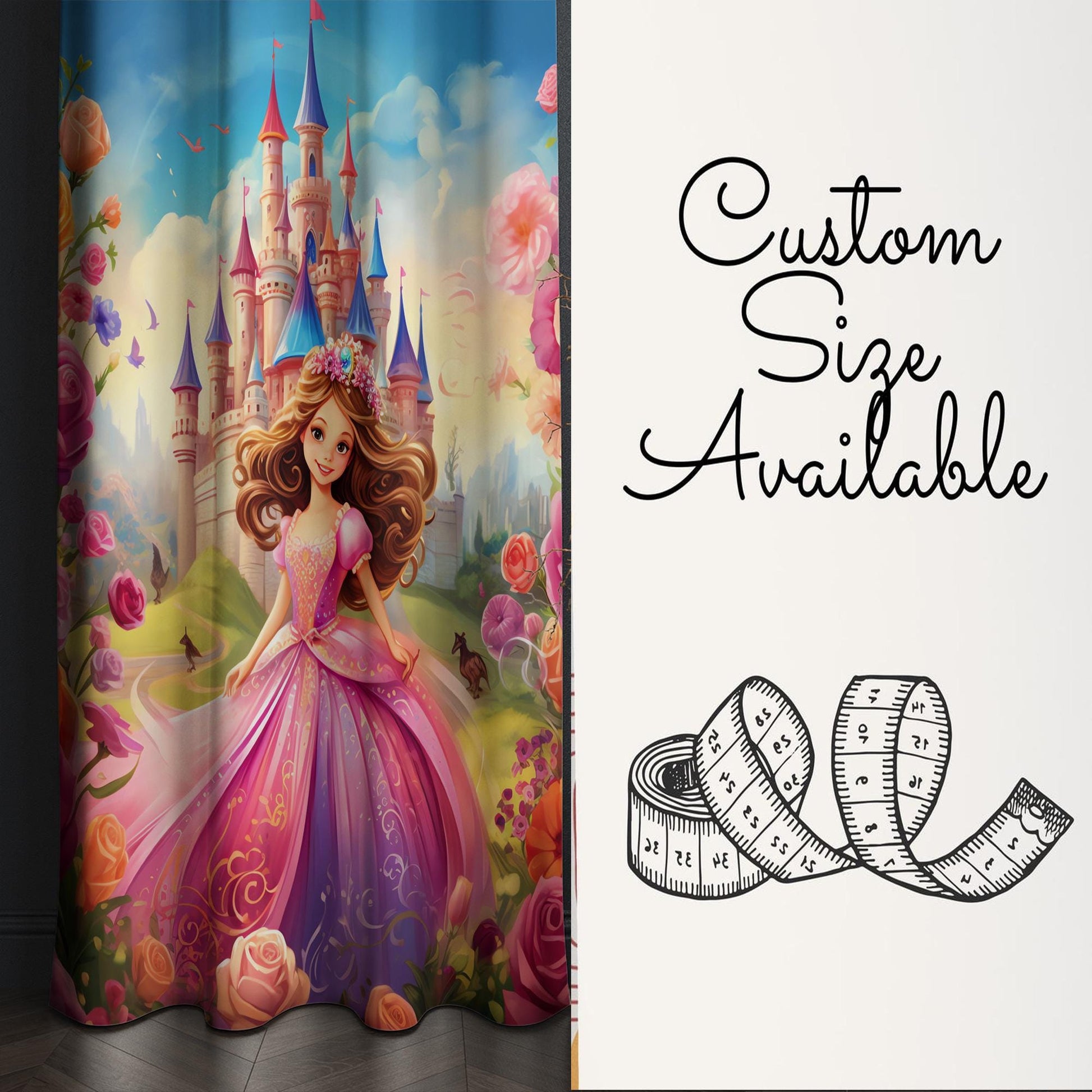 Floral Castle Colorful Princess Kids Nursery Curtains, Custom Size Window Drapes & Gift Pillow Covers for Girls Room Decor