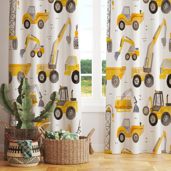 Yellow Construction Equipment Kids Curtains & Nursery Window Drapes, Custom Size, Gift Pillow Covers for Toddler Room Decor