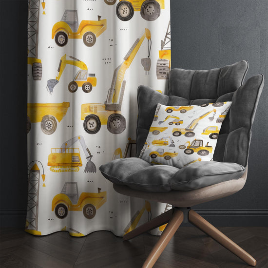 Yellow Construction Equipment Kids Curtains & Nursery Window Drapes, Custom Size, Gift Pillow Covers for Toddler Room Decor