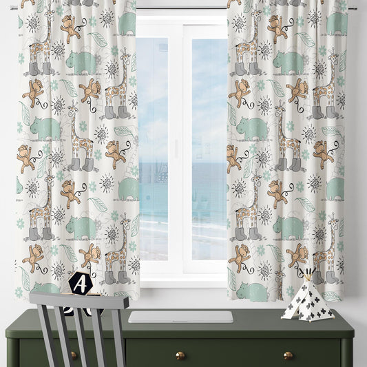 Safari Jungle Nursery Curtains Cute Giraffe Monkey Hippo Rod Pocket Window Drapes for Kids Room, Jungle theme curtains, Safari baby curtains
