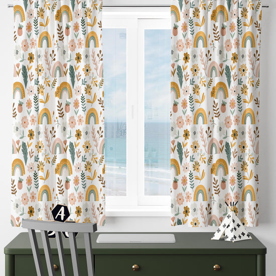 Colorful Boho Floral Rainbow Flowers Nursery Kids Curtains & Nursery Window Drapes, Custom Size, Gift Pillow Covers for Toddler Room Decor
