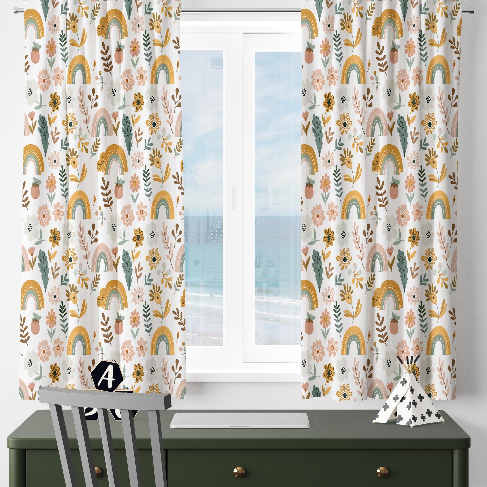 Colorful Boho Floral Rainbow Flowers Nursery Kids Curtains & Nursery Window Drapes, Custom Size, Gift Pillow Covers for Toddler Room Decor