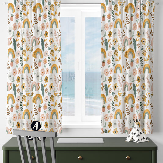 Colorful Boho Floral Rainbow Flowers Nursery Kids Curtains & Nursery Window Drapes, Custom Size, Gift Pillow Covers for Toddler Room Decor