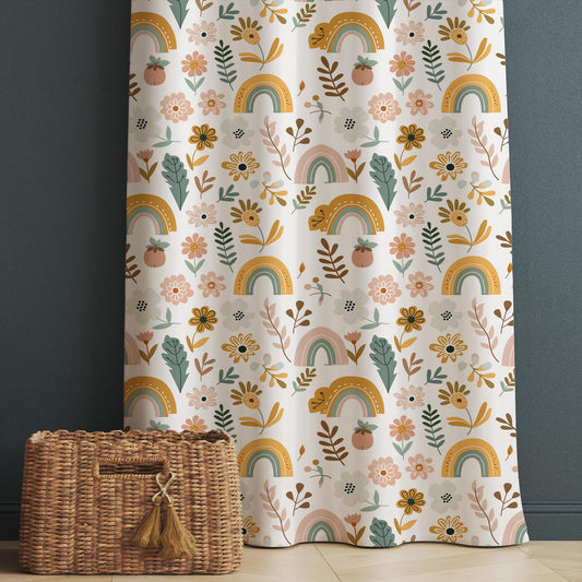 Colorful Boho Floral Rainbow Flowers Nursery Kids Curtains & Nursery Window Drapes, Custom Size, Gift Pillow Covers for Toddler Room Decor