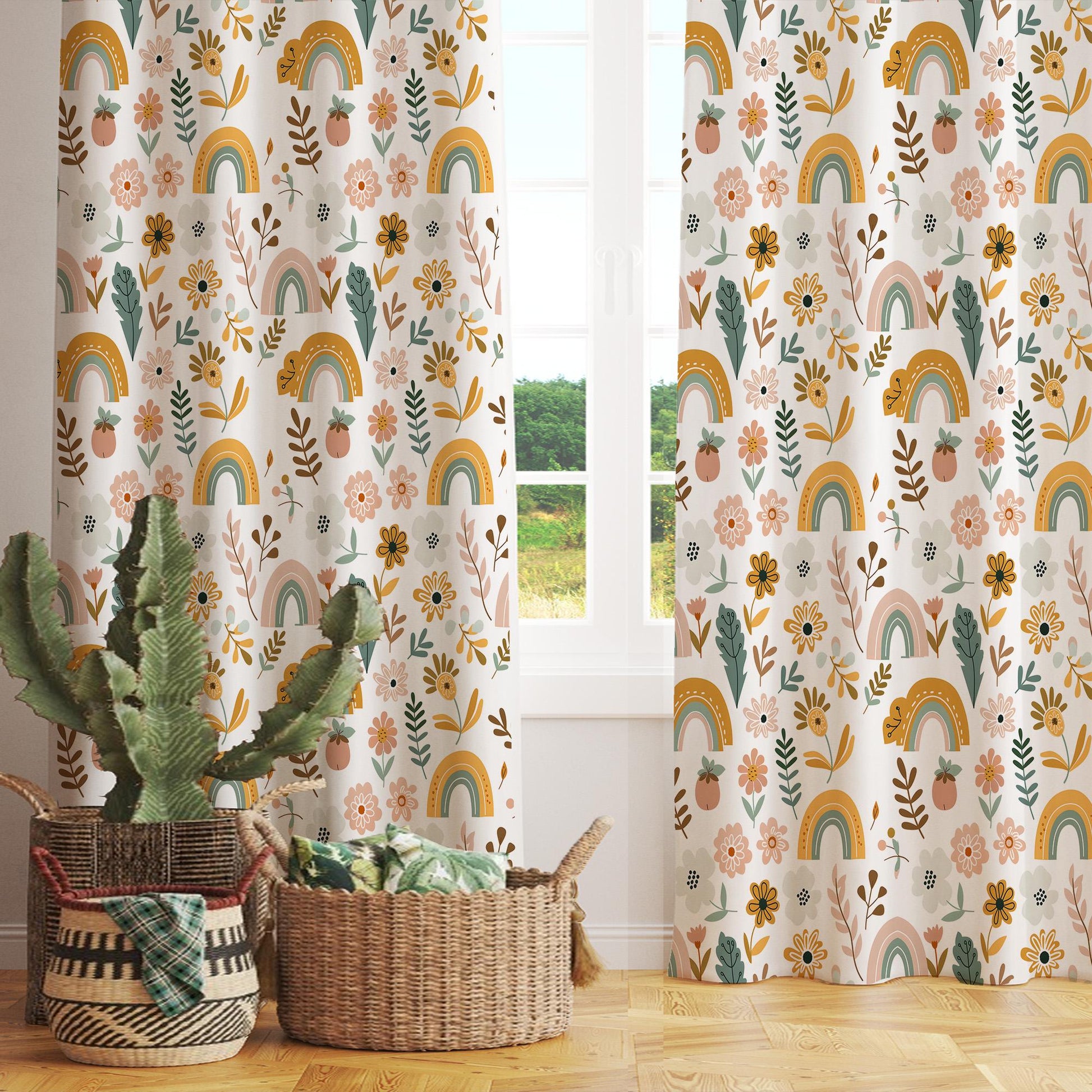 Colorful Boho Floral Rainbow Flowers Nursery Kids Curtains & Nursery Window Drapes, Custom Size, Gift Pillow Covers for Toddler Room Decor