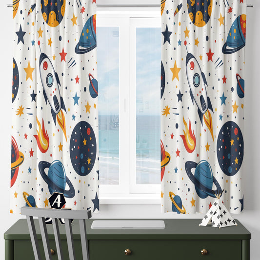Space Galaxy Planets Spaceship Rocket Nursery Kids Curtains & Nursery Window Drapes, Custom Size, Gift Pillow Covers for Toddler Room Decor