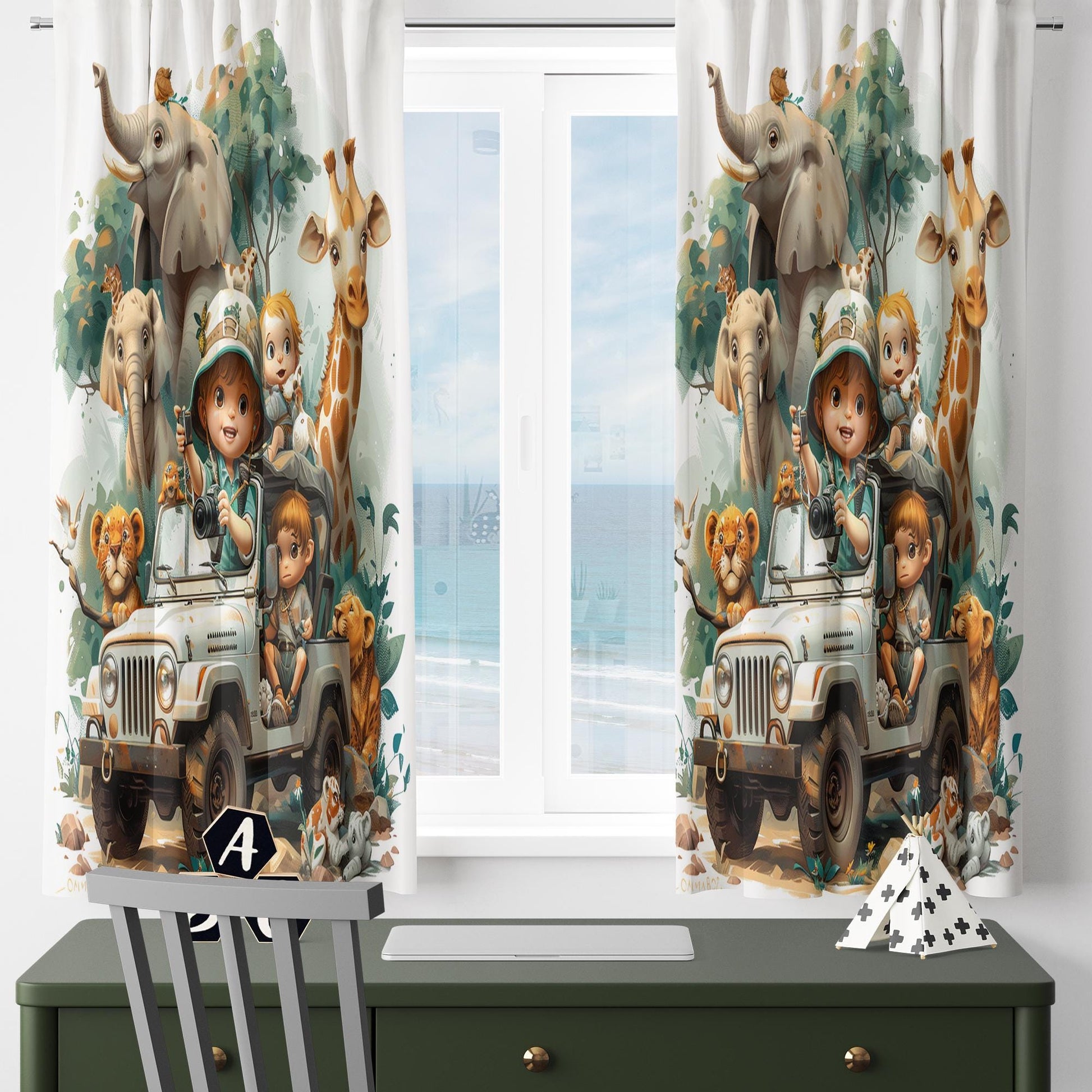 Safari Car Woodland Animals Nursery Kids Curtains & Nursery Window Drapes, Custom Size, Gift Pillow Covers for Toddler Room Decor