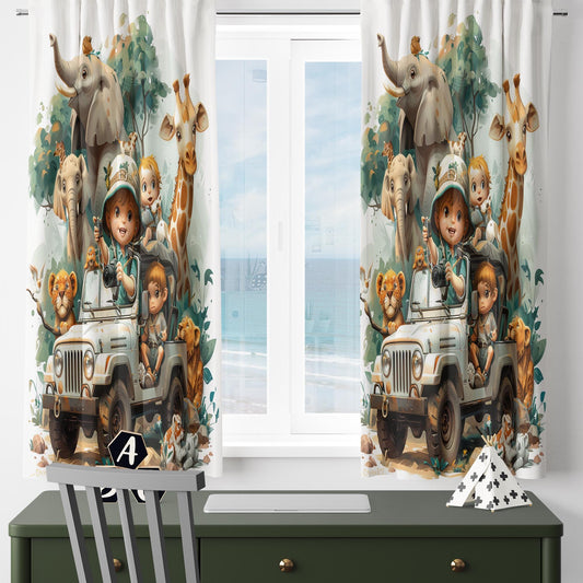 Safari Car Woodland Animals Nursery Kids Curtains & Nursery Window Drapes, Custom Size, Gift Pillow Covers for Toddler Room Decor