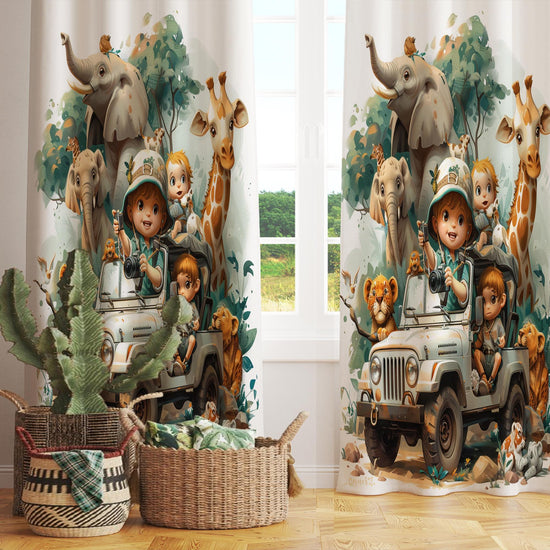 Safari Car Woodland Animals Nursery Kids Curtains & Nursery Window Drapes, Custom Size, Gift Pillow Covers for Toddler Room Decor