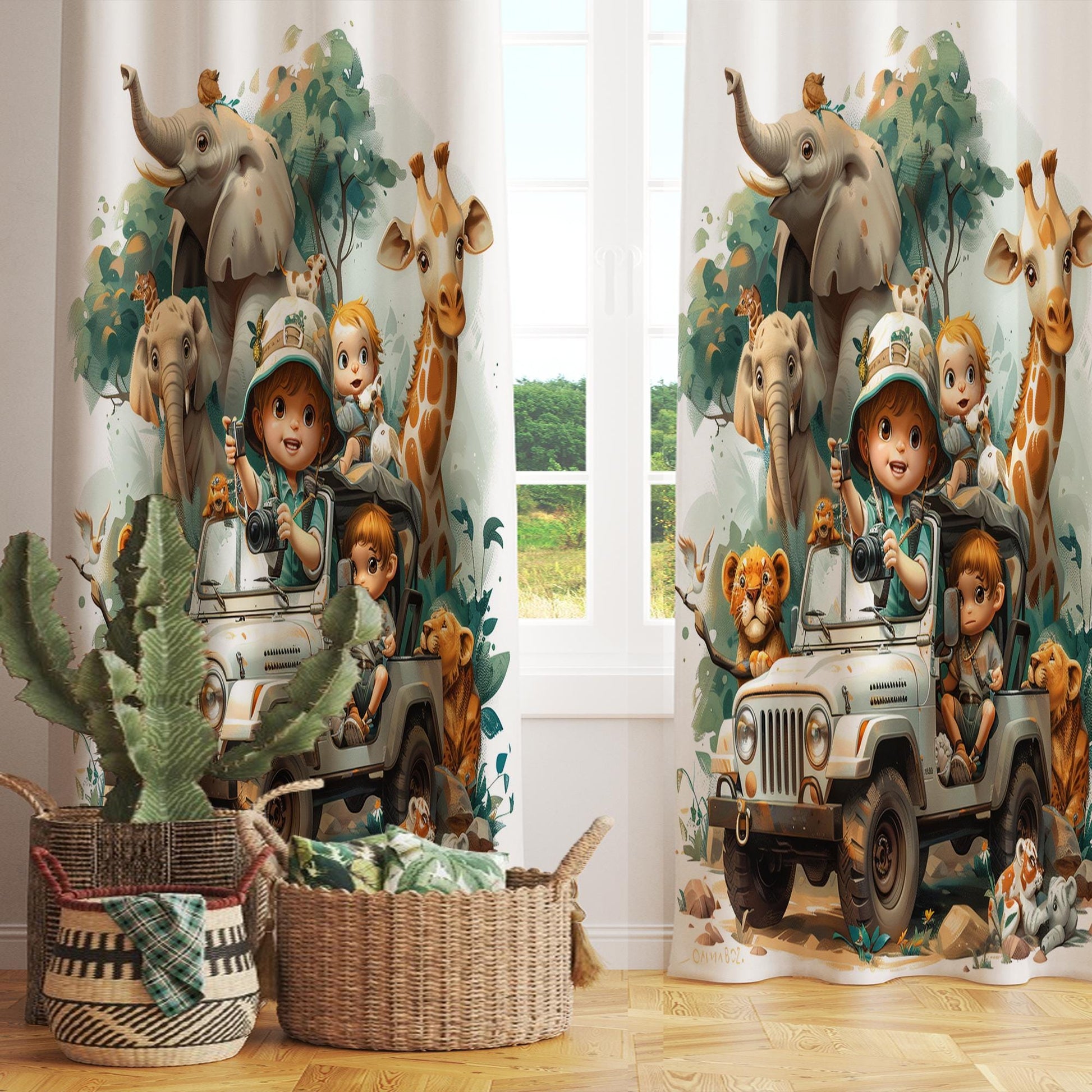 Safari Car Woodland Animals Nursery Kids Curtains & Nursery Window Drapes, Custom Size, Gift Pillow Covers for Toddler Room Decor