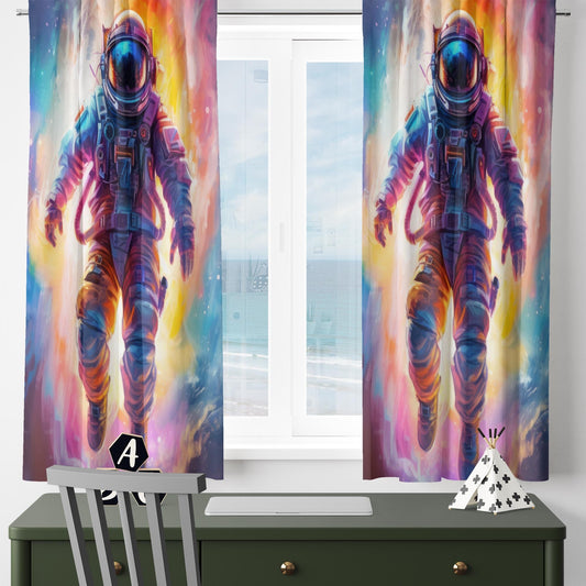 Colorful  Astronaut Space Nursery Kids Curtains & Nursery Window Drapes, Custom Size, Gift Pillow Covers for Toddler Room Decor
