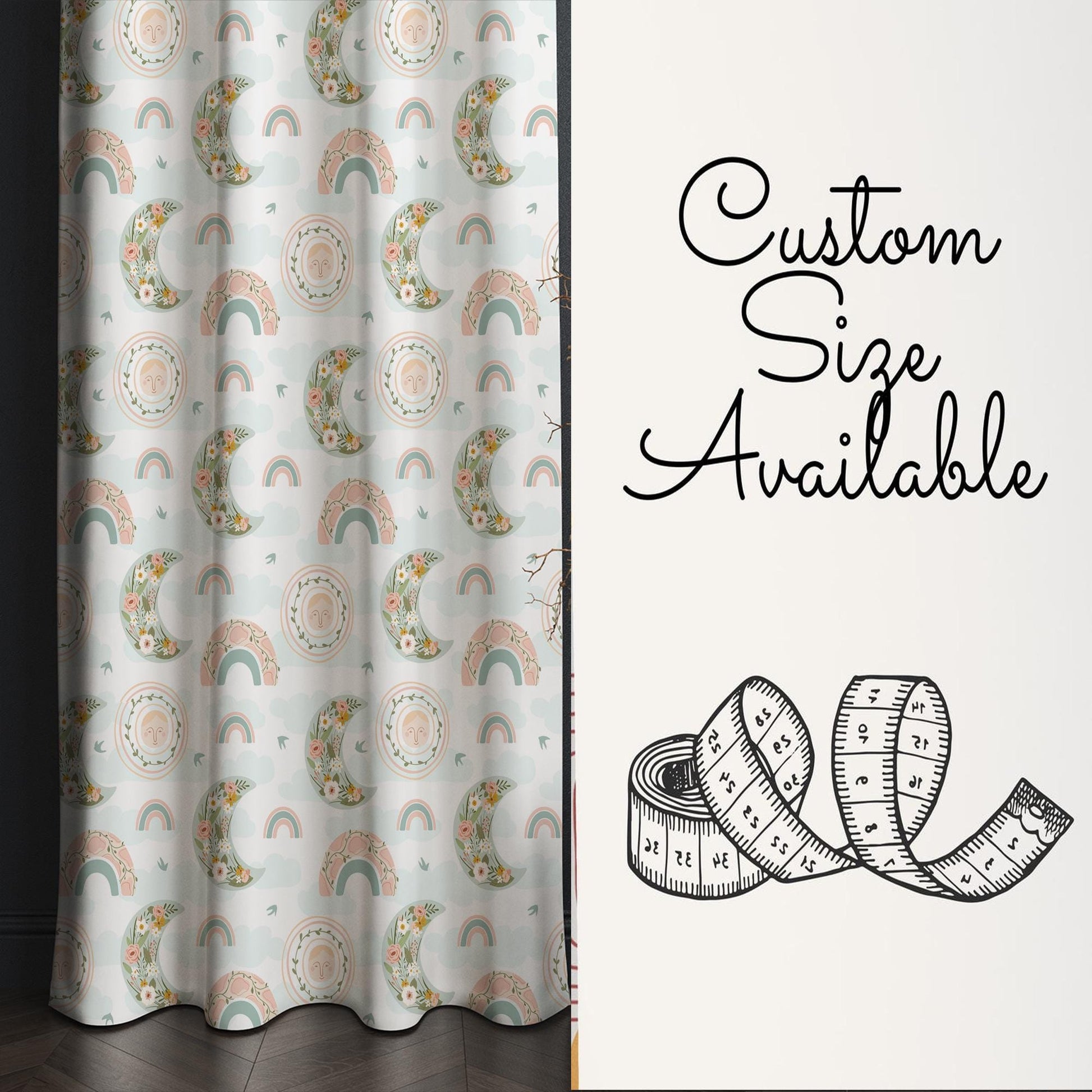 Boho Moon Rainbow Floral Flowers Nursery Kids Curtains & Nursery Window Drapes, Custom Size, Gift Pillow Covers for Toddler Room Decor
