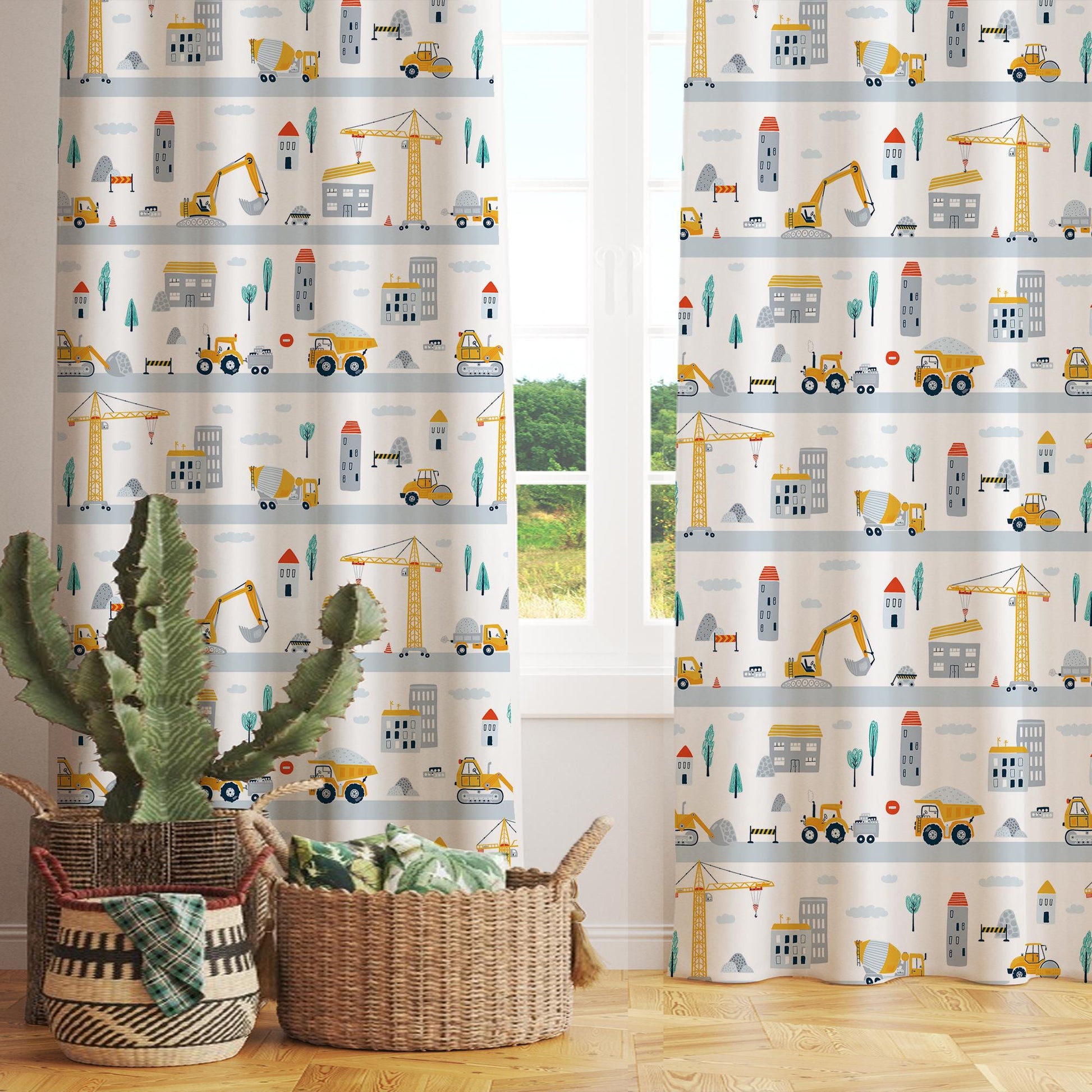Construction Equipment Nursery Curtains Window Drapes, Custom Size Kids Room Decor, Gift Pillow Covers Toddler Room Houses, City Road Theme