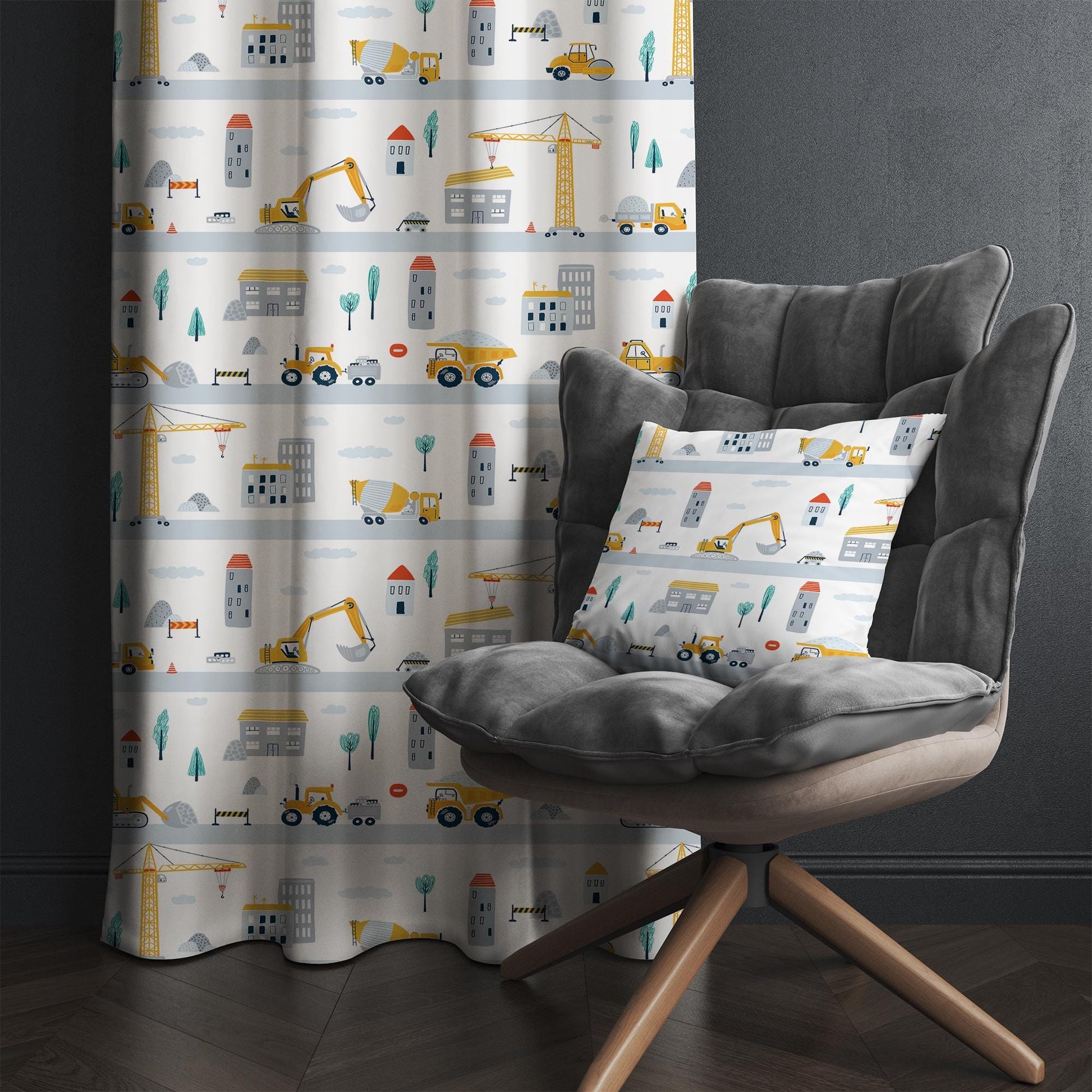 Construction Equipment Nursery Curtains Window Drapes, Custom Size Kids Room Decor, Gift Pillow Covers Toddler Room Houses, City Road Theme