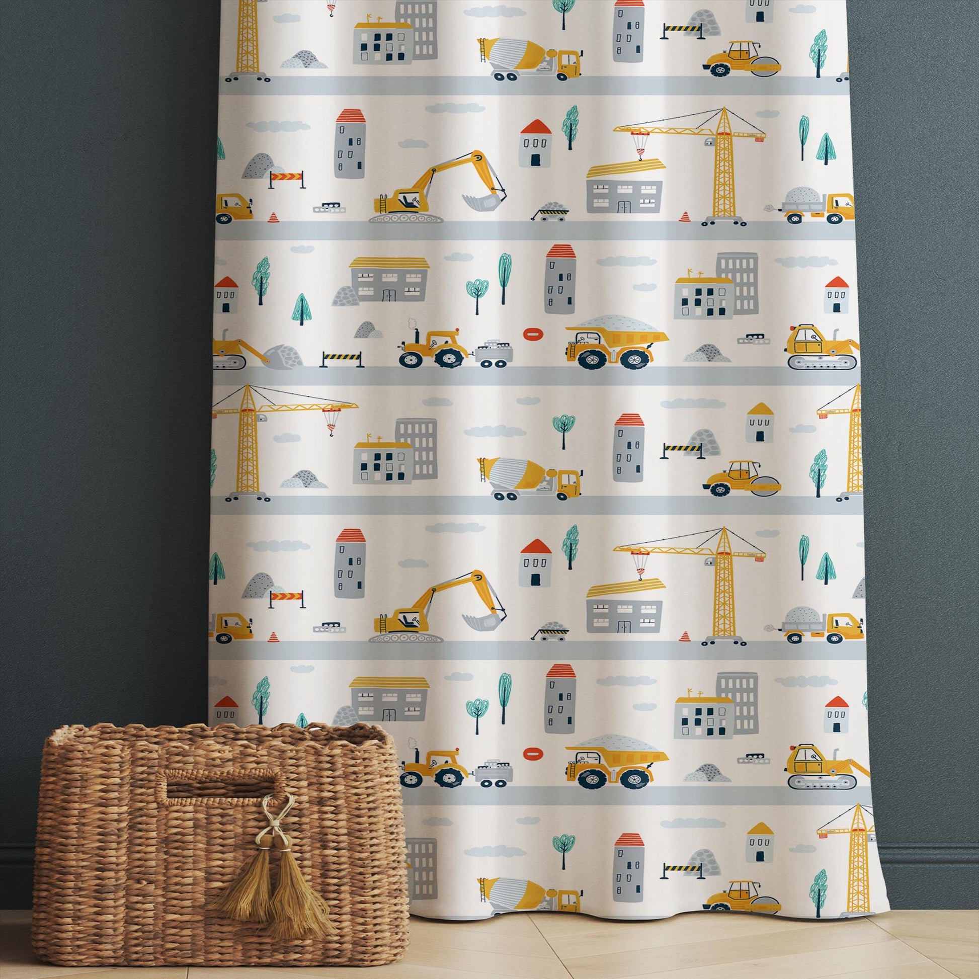 Construction Equipment Nursery Curtains Window Drapes, Custom Size Kids Room Decor, Gift Pillow Covers Toddler Room Houses, City Road Theme