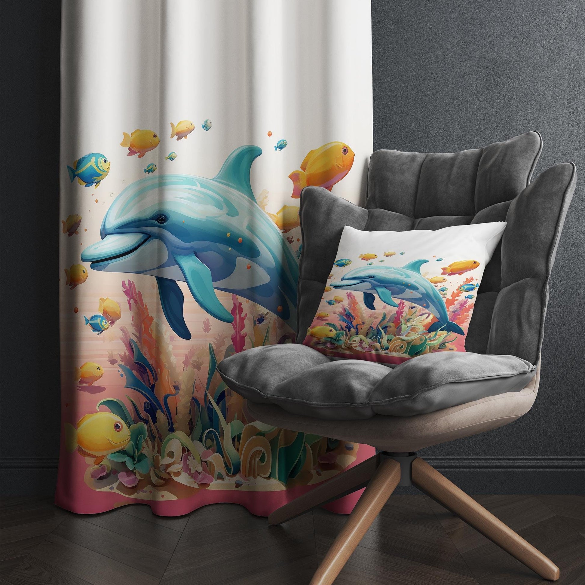 Dolphin Nursery Curtains, Under Sea Theme Kids Room Window Drapes, Custom Size, Girls Room Decor, Gift Pillow Covers