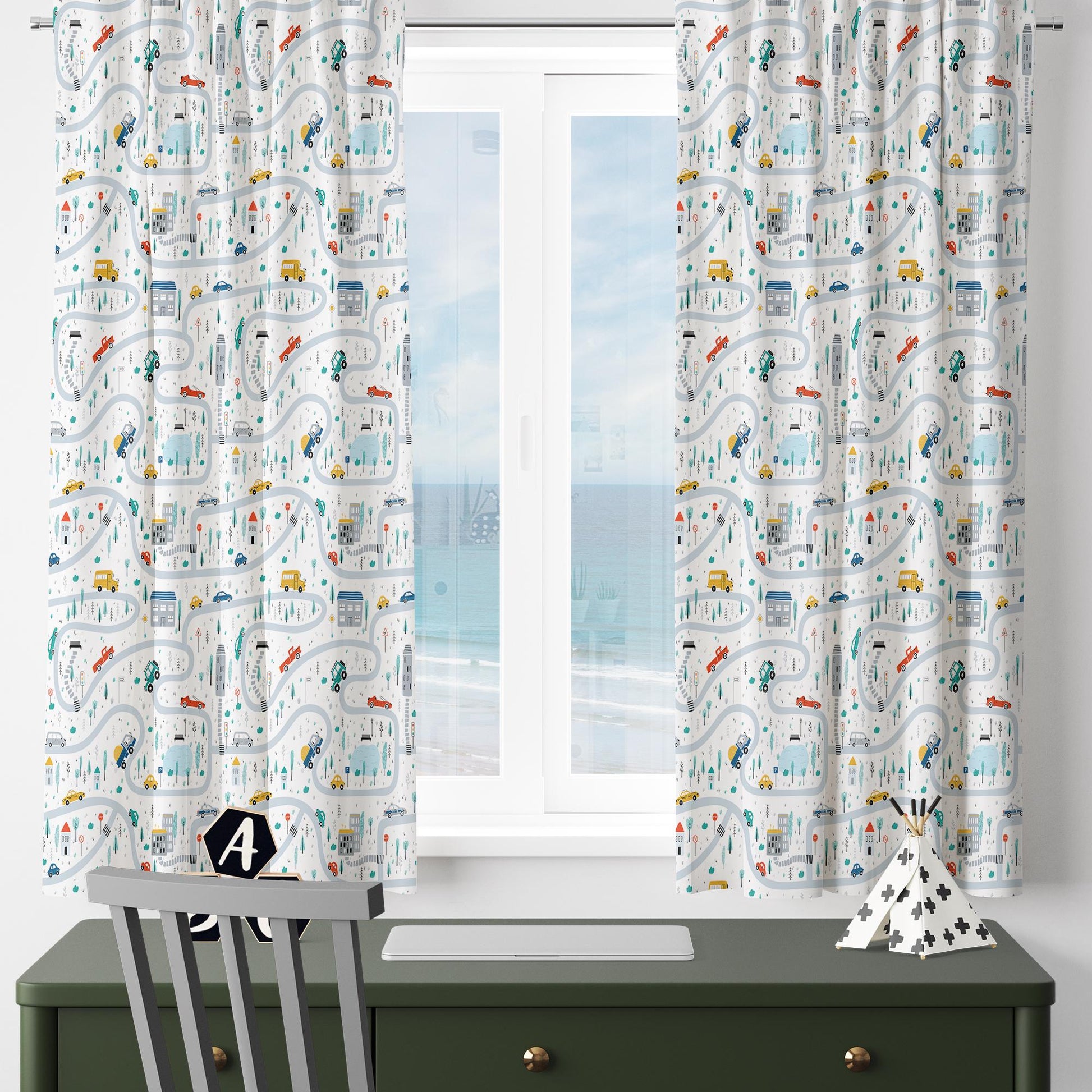 Car City Road Map Nursery Curtains - Custom Size Kids Room Drapes & Pillow Covers, Toddler Room Decor, City Road Theme Gift