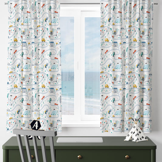 Car City Road Map Nursery Curtains - Custom Size Kids Room Drapes & Pillow Covers, Toddler Room Decor, City Road Theme Gift