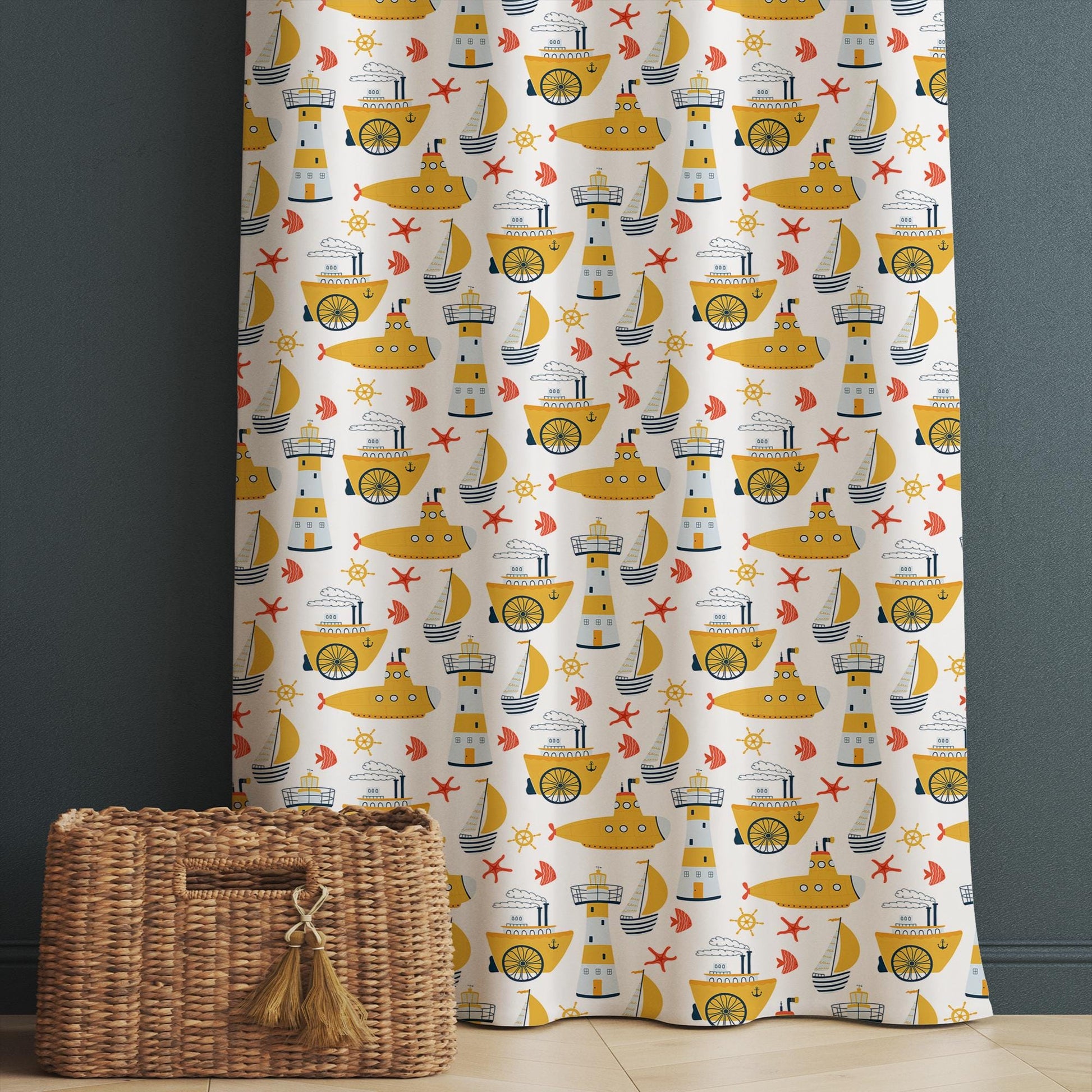 Yellow Submarine Nursery Curtains & Gift Pillow Covers - Custom Kids Room Drapes, Toddler Marine Decor, Gift, Custom Size Options