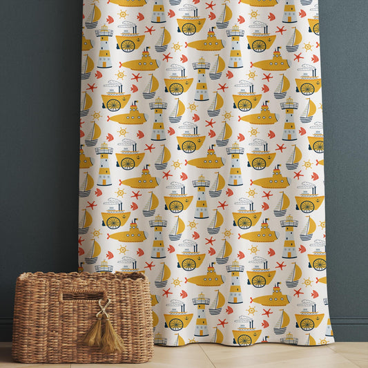 Yellow Submarine Nursery Curtains & Gift Pillow Covers - Custom Kids Room Drapes, Toddler Marine Decor, Gift, Custom Size Options