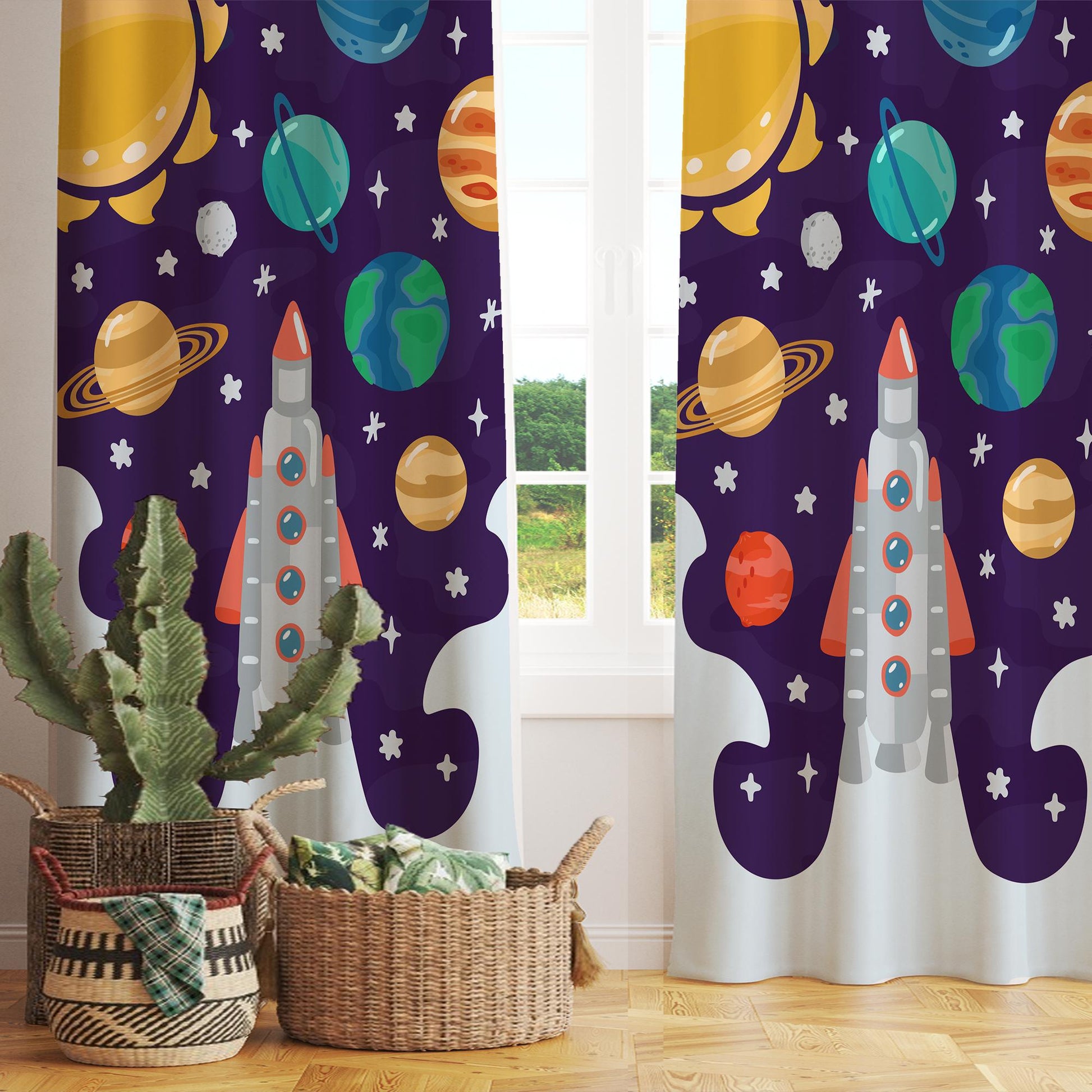 Galaxy Space Nursery Curtains & Gift Pillow Covers - Rocket Stars Planet Kids Room Drapes, Toddler Decor Gift, Custom Room Window Treatment