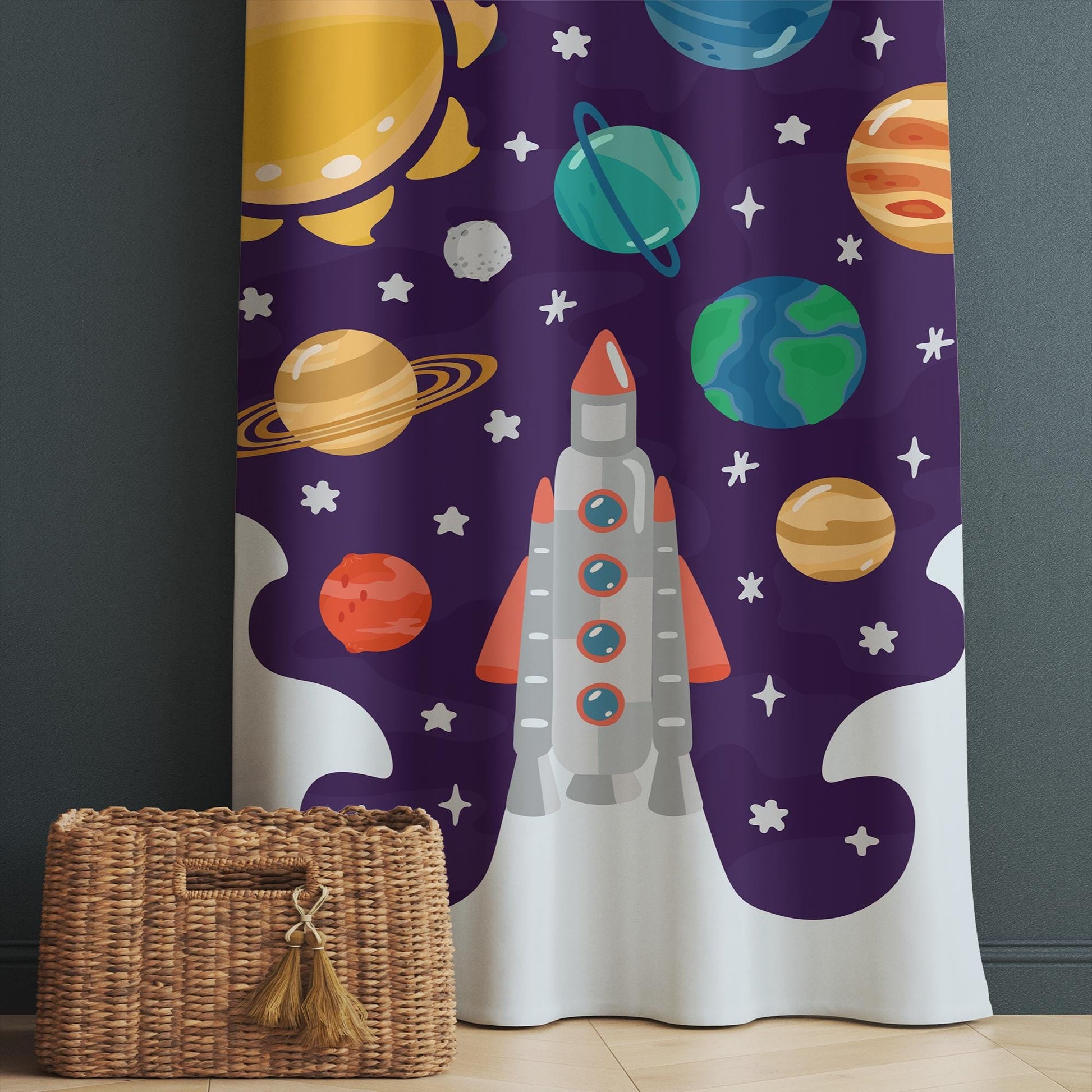 Galaxy Space Nursery Curtains & Gift Pillow Covers - Rocket Stars Planet Kids Room Drapes, Toddler Decor Gift, Custom Room Window Treatment