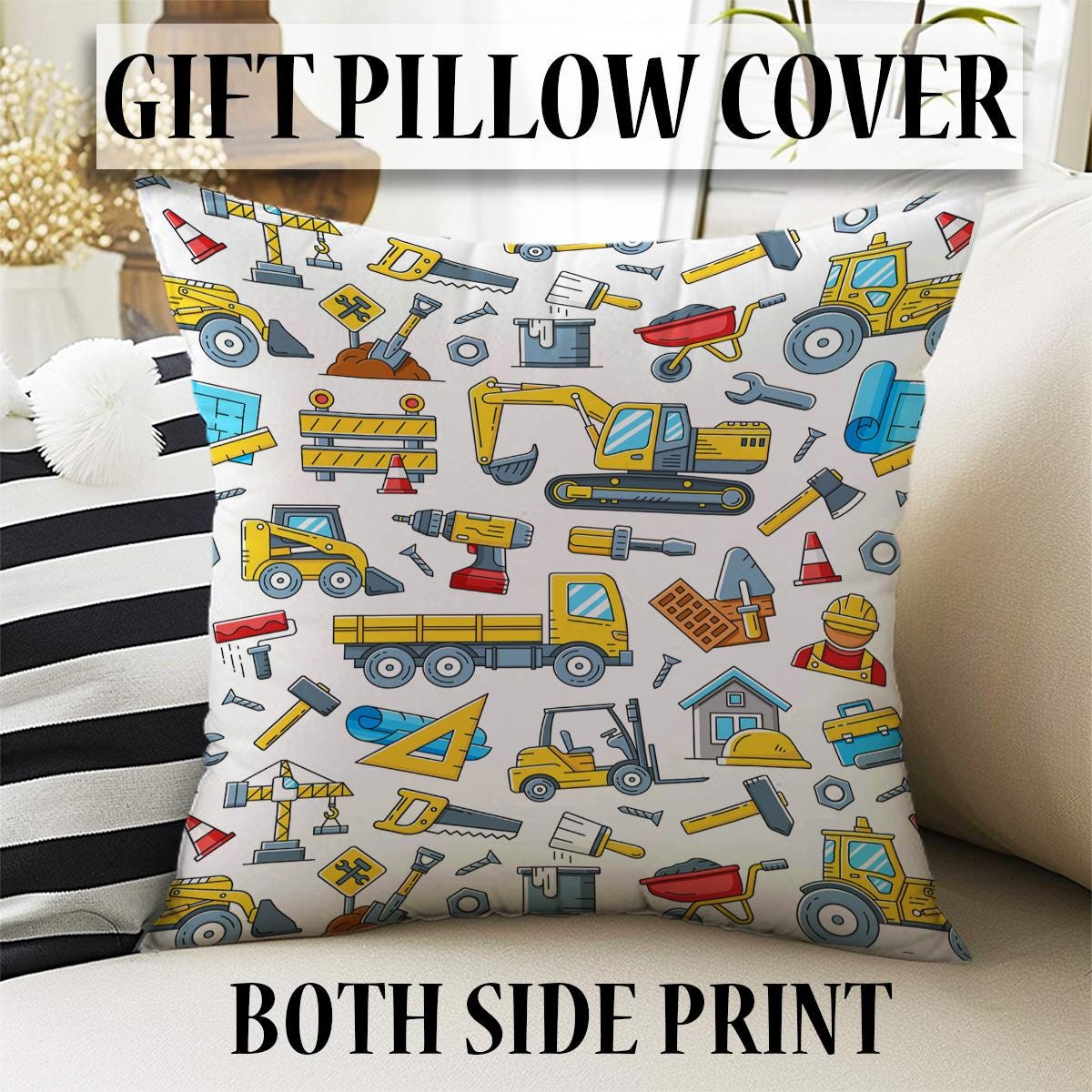 Kids Nursery Curtains Construction Equipment Theme Bulldozer Hammer Saw Window Drapes Custom Size Room Decor Gift Pillow Covers
