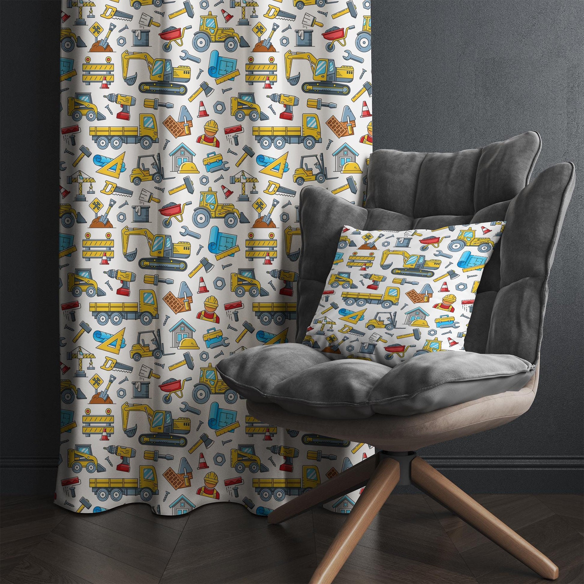 Kids Nursery Curtains Construction Equipment Theme Bulldozer Hammer Saw Window Drapes Custom Size Room Decor Gift Pillow Covers