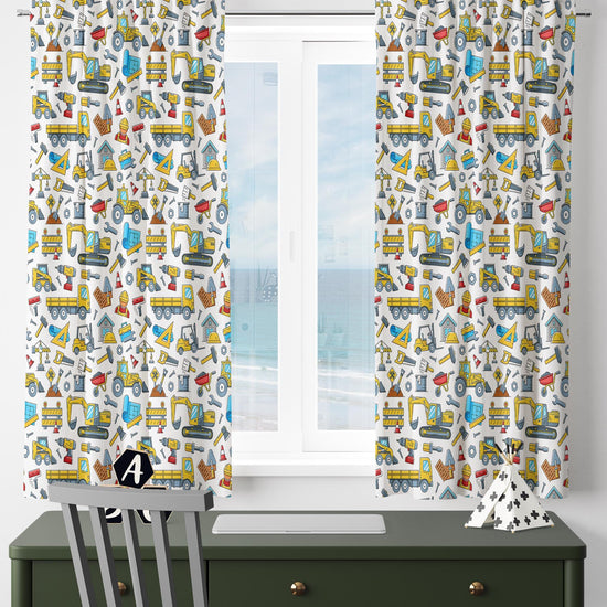 Kids Nursery Curtains Construction Equipment Theme Bulldozer Hammer Saw Window Drapes Custom Size Room Decor Gift Pillow Covers