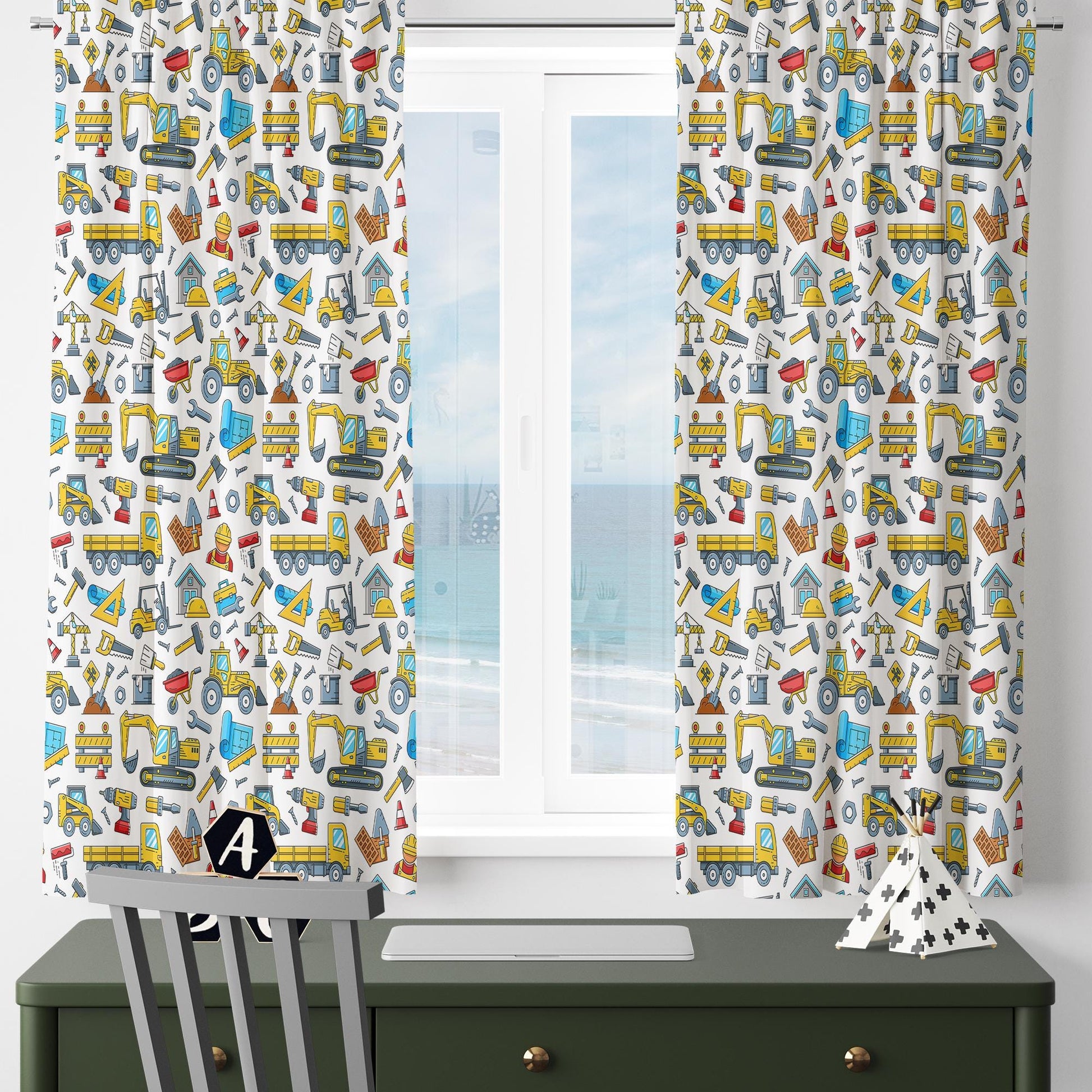 Kids Nursery Curtains Construction Equipment Theme Bulldozer Hammer Saw Window Drapes Custom Size Room Decor Gift Pillow Covers