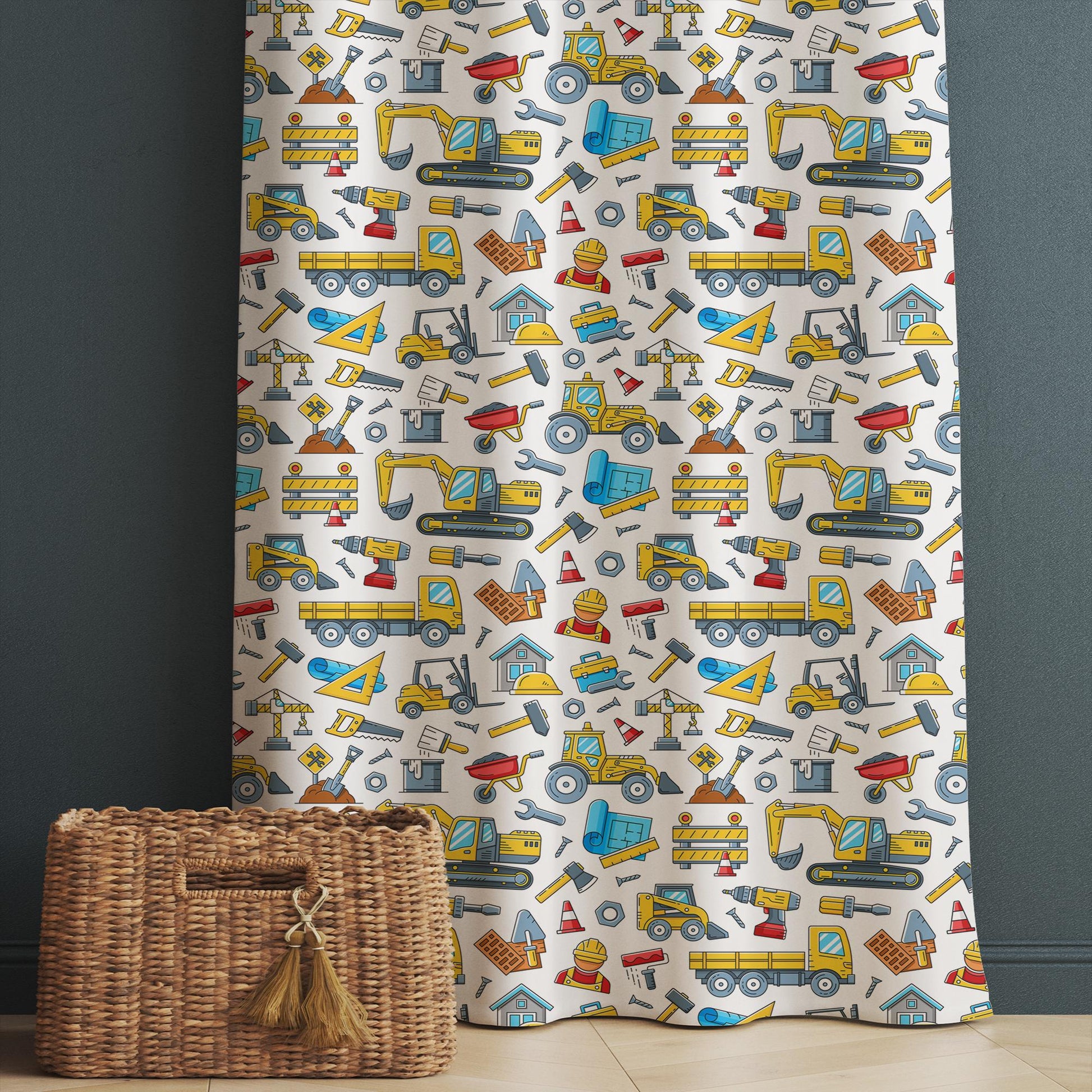 Kids Nursery Curtains Construction Equipment Theme Bulldozer Hammer Saw Window Drapes Custom Size Room Decor Gift Pillow Covers