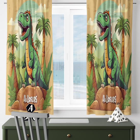 Green Dinosaur Nursery Curtains with Ancient Palm Trees – Custom Size Kids Window Drapes & Matching Pillow Covers Room Decor Gift