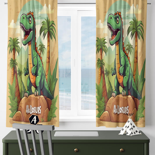 Green Dinosaur Nursery Curtains with Ancient Palm Trees – Custom Size Kids Window Drapes & Matching Pillow Covers Room Decor Gift