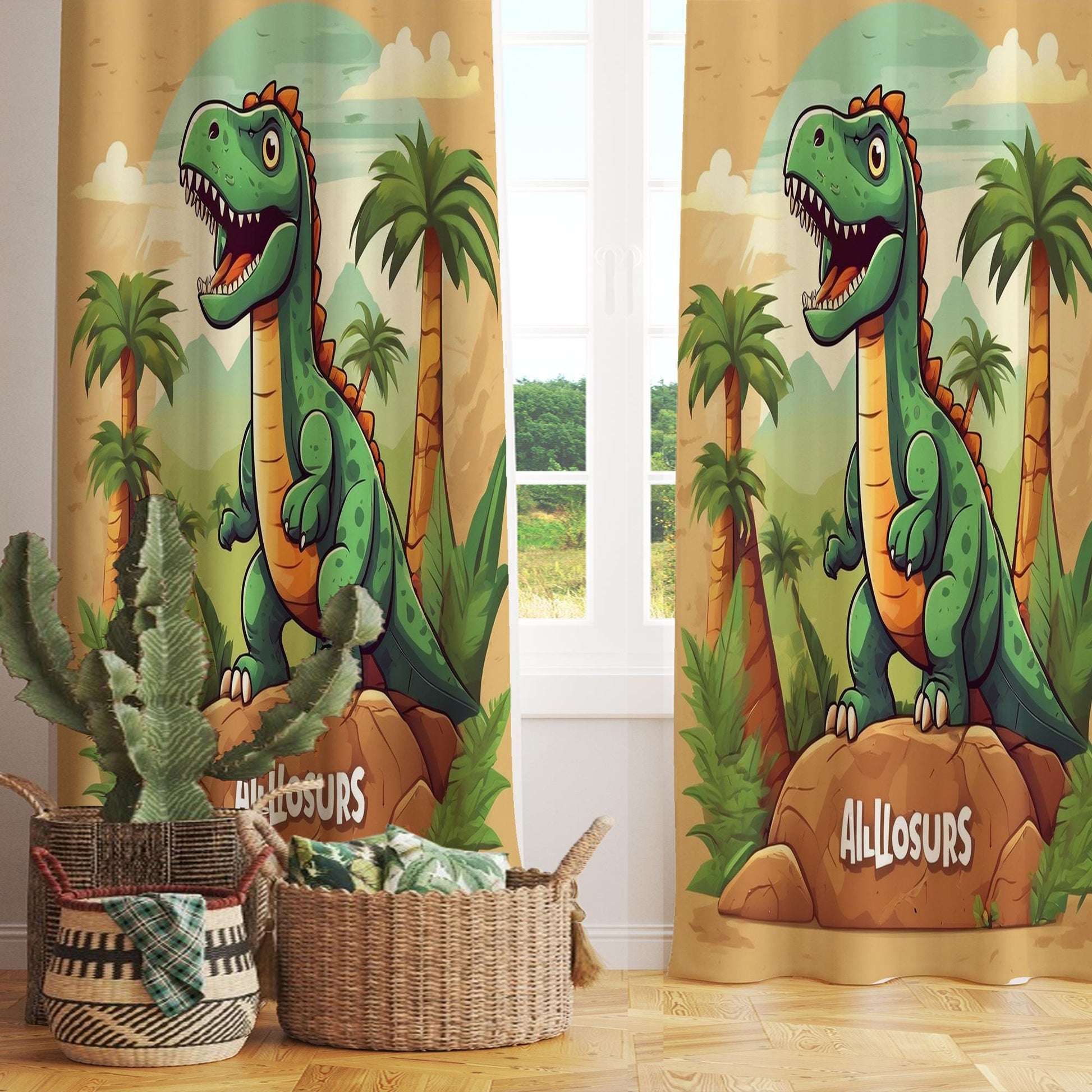 Green Dinosaur Nursery Curtains with Ancient Palm Trees – Custom Size Kids Window Drapes & Matching Pillow Covers Room Decor Gift