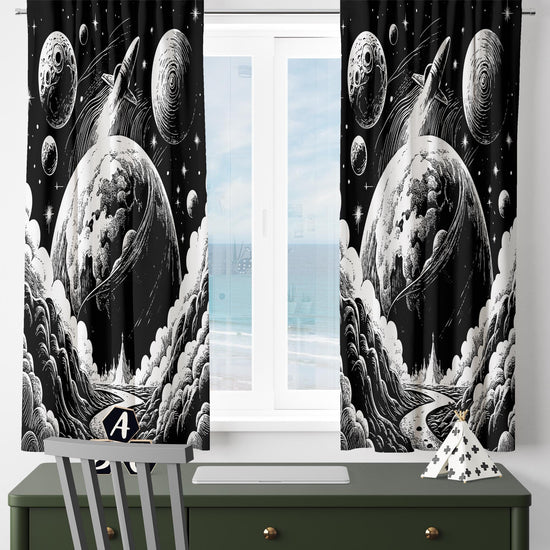 Black White Moon Stars Kids Nursery Curtains – Custom Size Window Drapes & Matching Pillow Covers, Space Room Decor Gift
